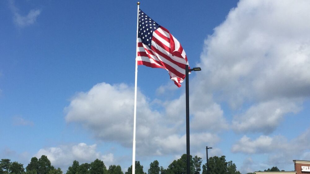 American flag in front of Premier Storage at Hamilton Mill in Buford, GA.