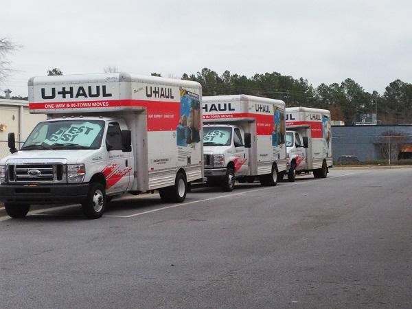 U-Haul trucks parked at Pleasantdale Self Storage in Alpharetta, GA.
