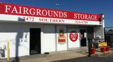 The exterior of the Fairground Self Storage facility office.