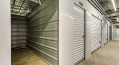 Interior storage units with roll-up doors.