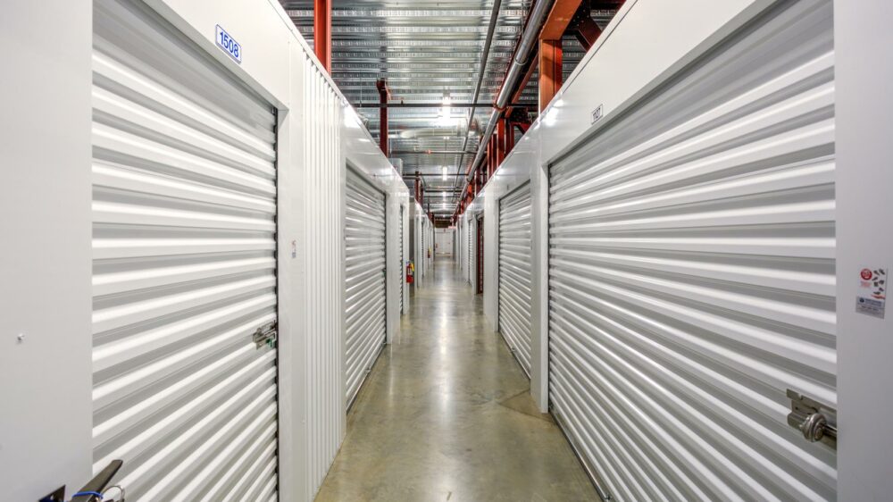 A hallway of interior storage units.
