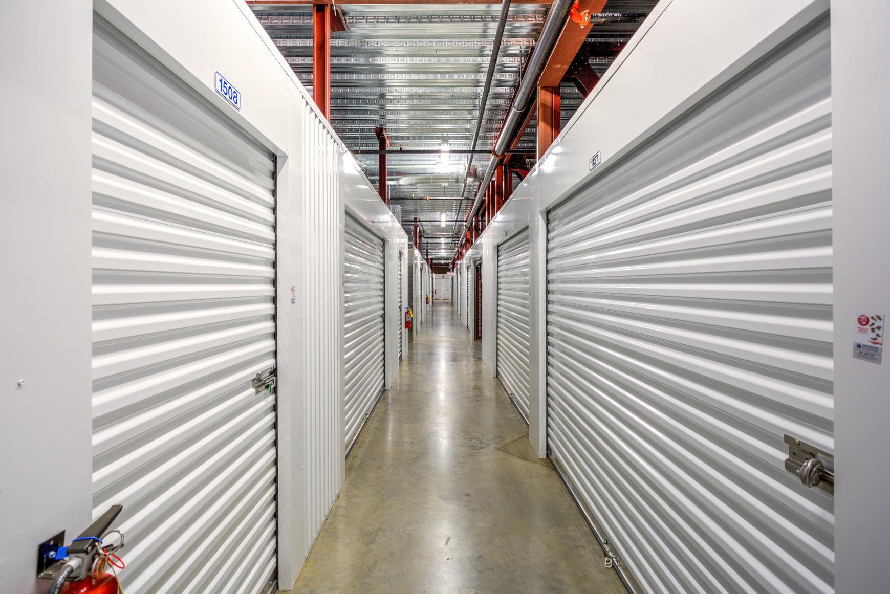A hallway of interior storage units at My Place Self Storage in Dallas.