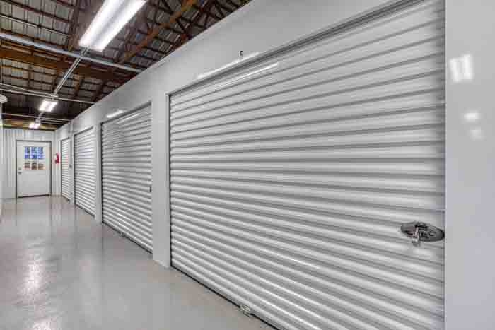 Hallway of large climate-controlled storage units.