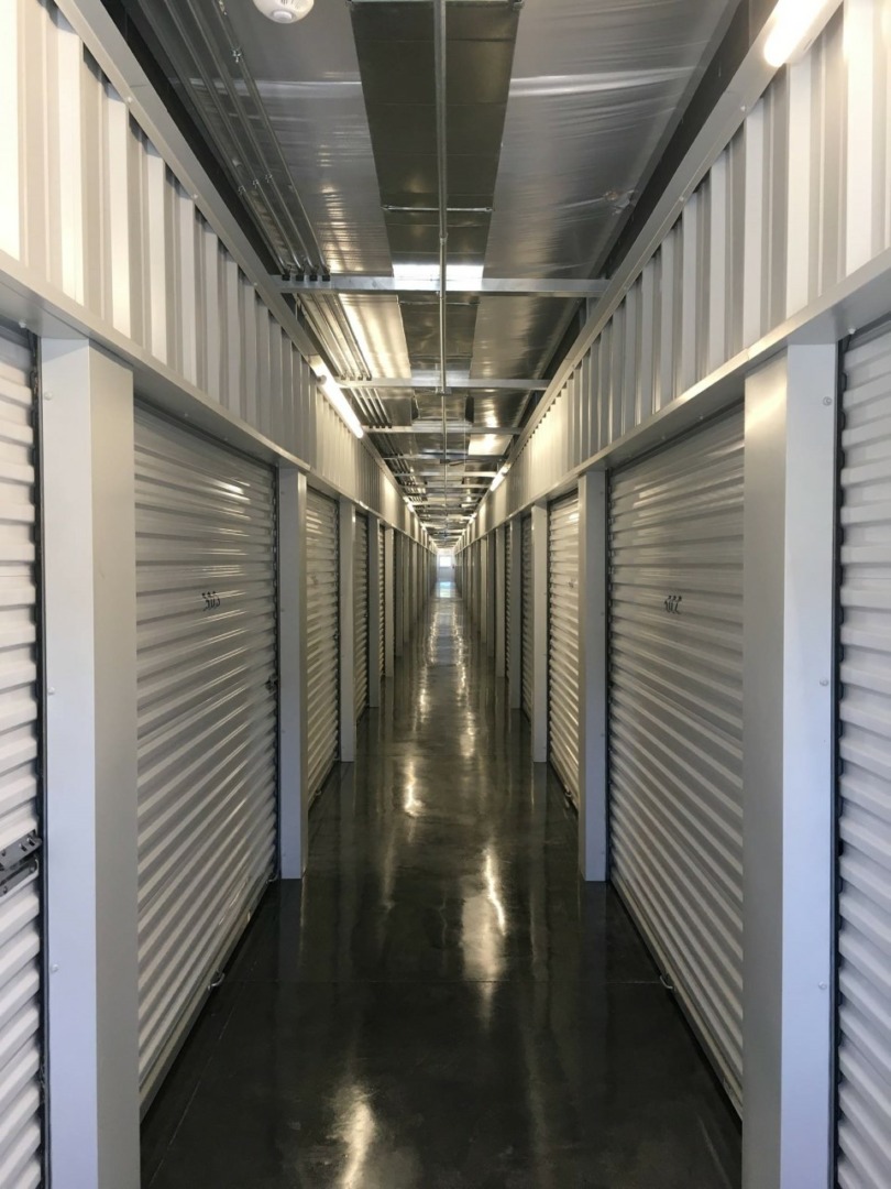 Hallway of interior storage units.