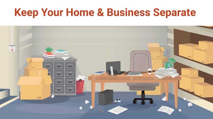 A cluttered garage office with boxes, a messy desk, and lots of room for improvement. Self storage can help keep your home and business separate.