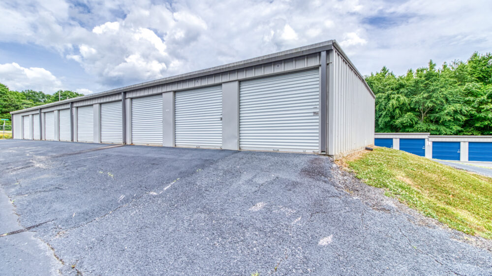 Outdoor, drive-up access storage units.