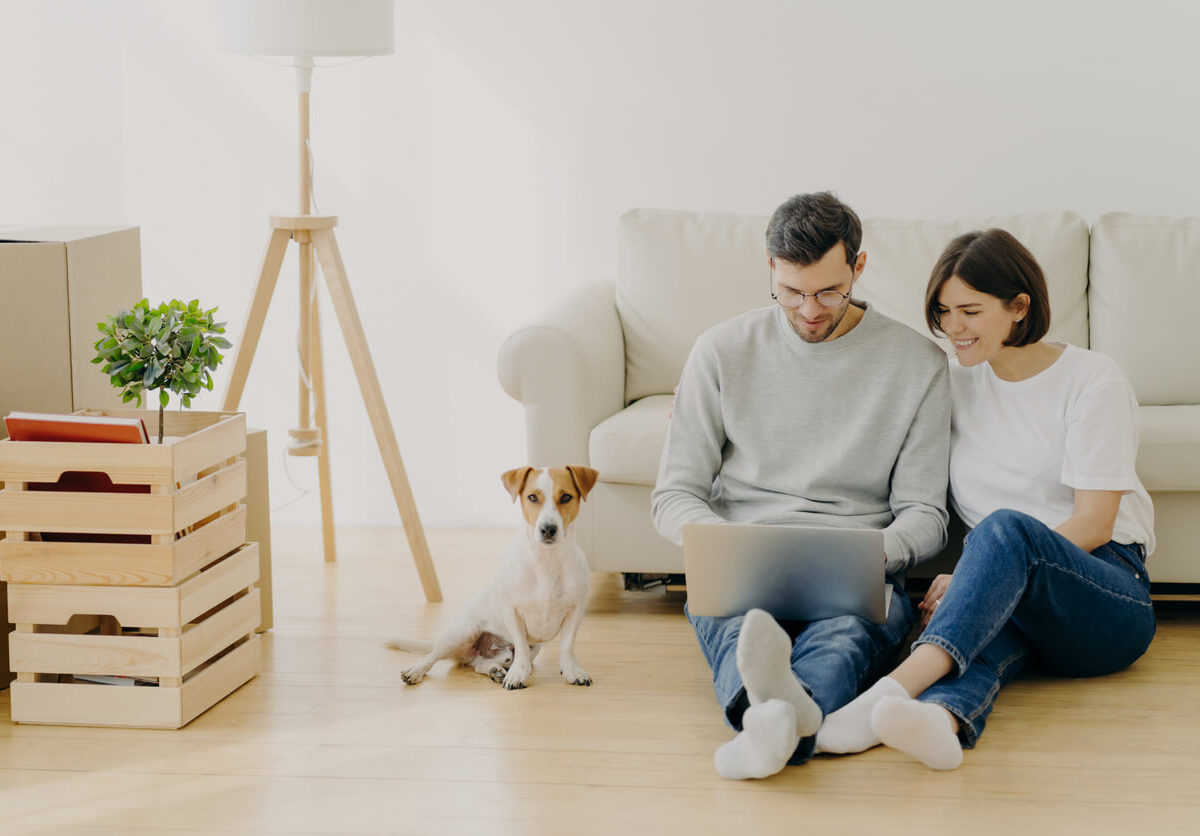 Happy couple using a computer while packing or unpacking their apartment.