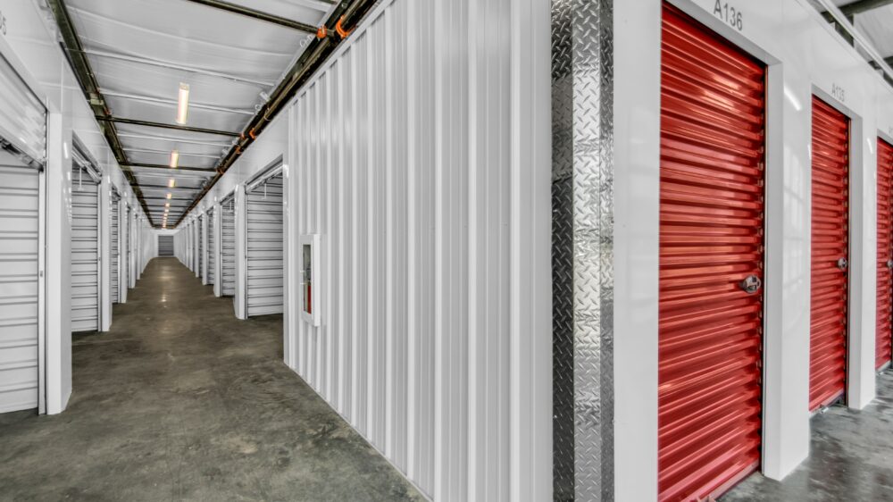 Red and white indoor storage units.