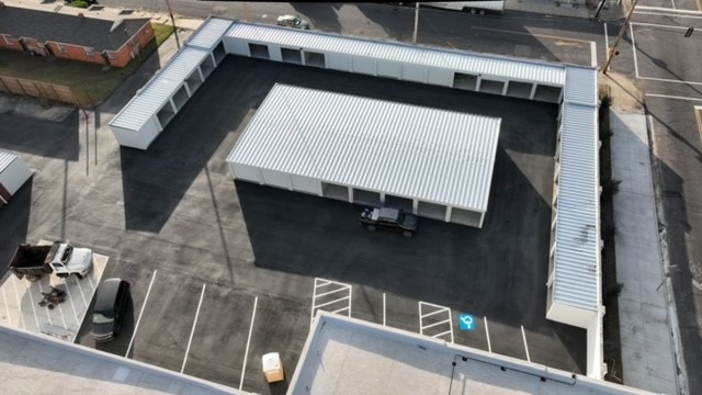 Aerial view of drive-up storage units at Lucky Storage in Memphis, TN.