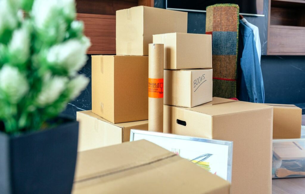 Various items are packed in boxes for storage.