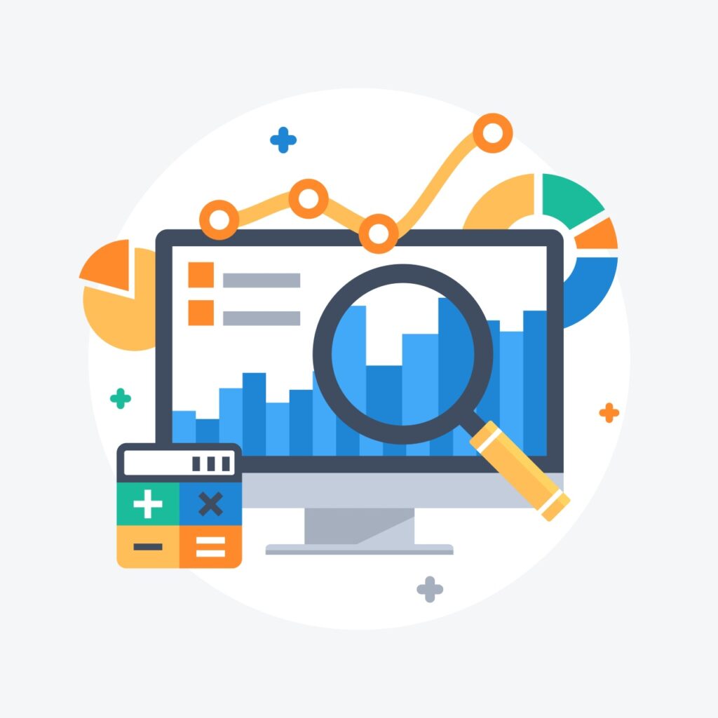 Graphs and other symbols for metrics and analytics.