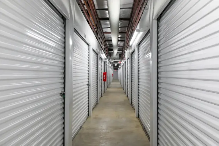 Looking down a hallway inside a storage facility