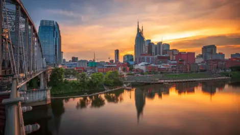 Downtown Nashville seen from across the Cumberland River at sunset
