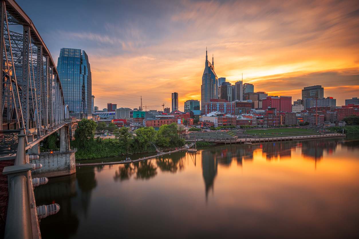 Downtown Nashville seen from across the Cumberland River at sunset
