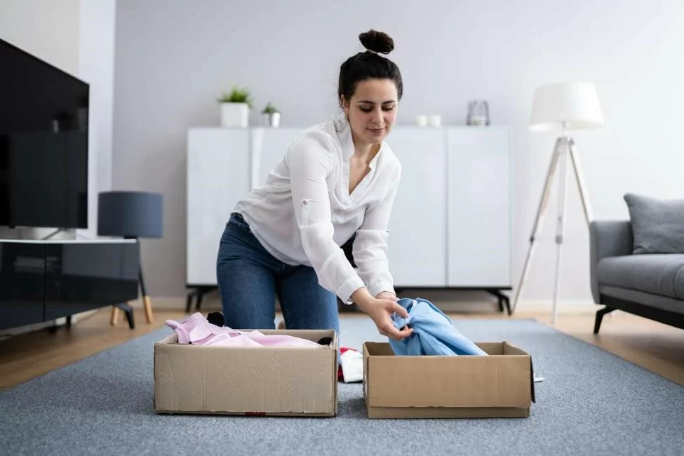 Woman decluttering and sorting through clothes in cardboard boxes