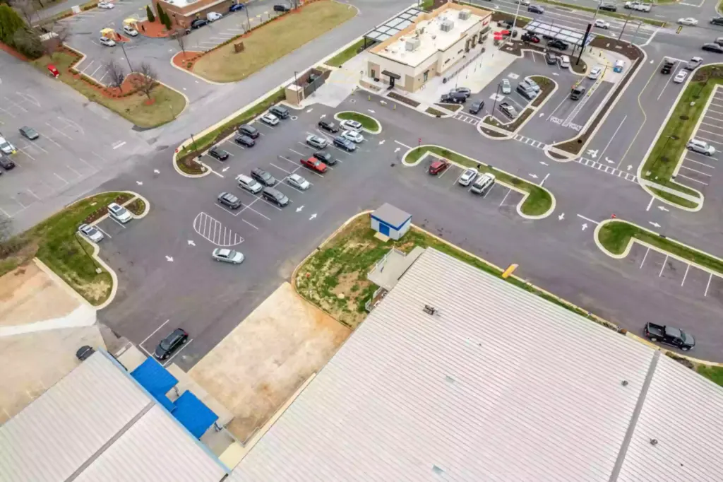 Aerial view of storage facility and parking lot.