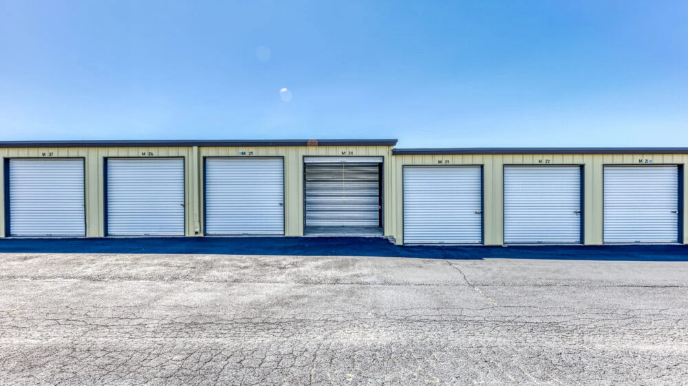 White doored outdoor storage facility