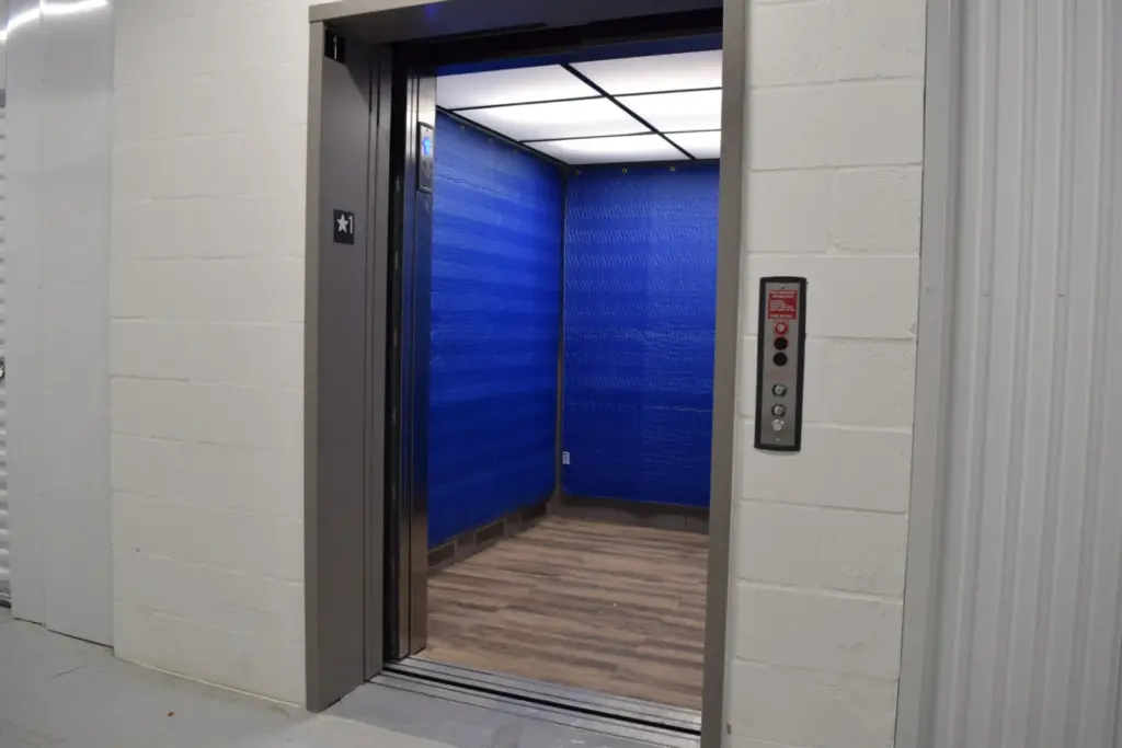 Open elevator at the storage facility.