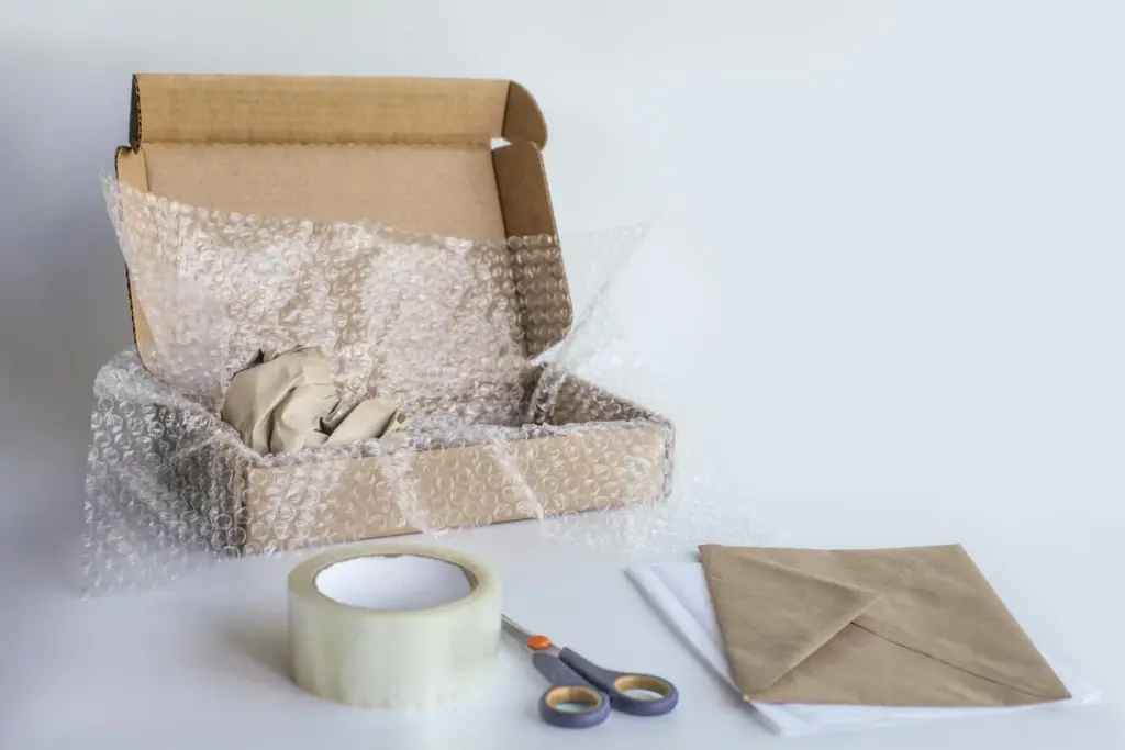 Bubble wrap and packing paper.