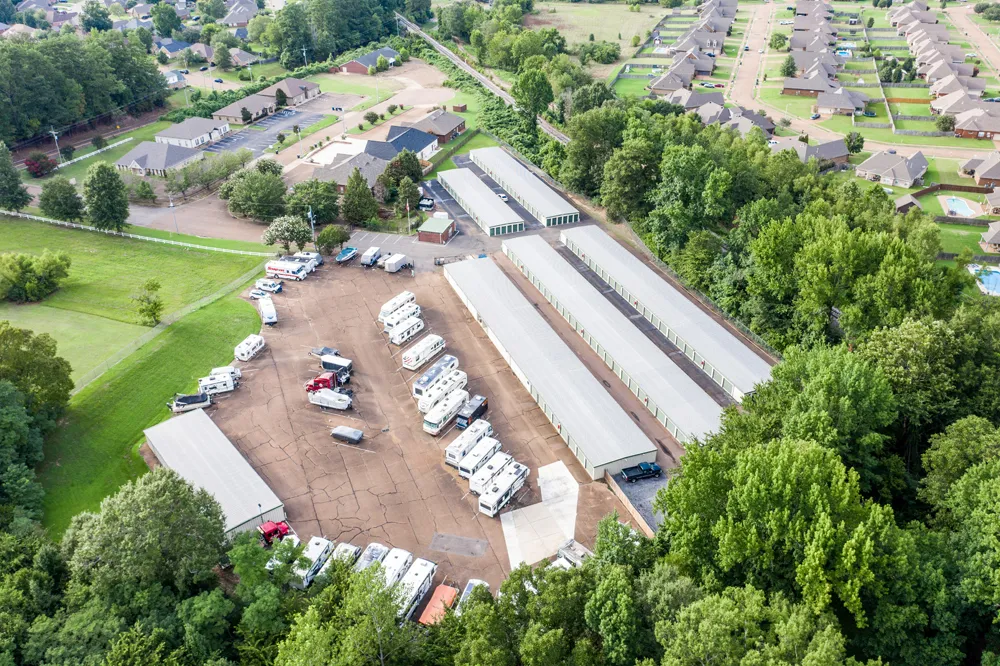 Arial view of a storage facility nestled in the near by neighborhood