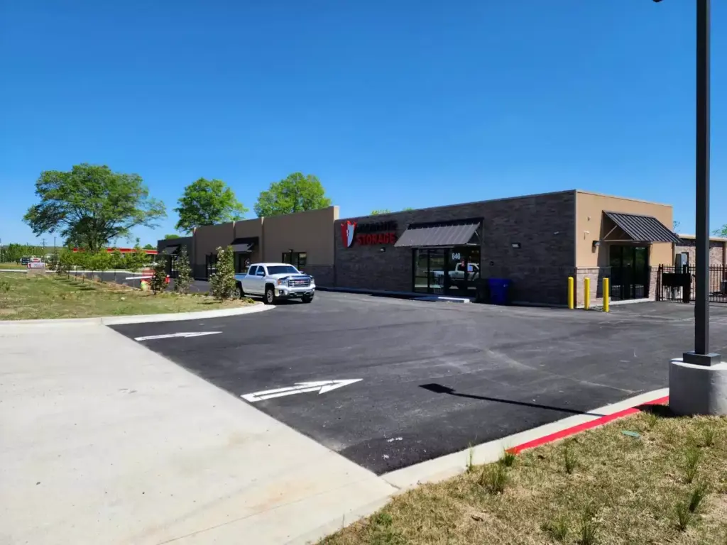 Parking lot and entrance at Absolute Storage of Conway.