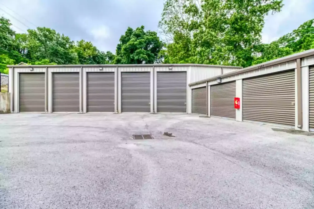 Row of outdoor storage units varying in size.