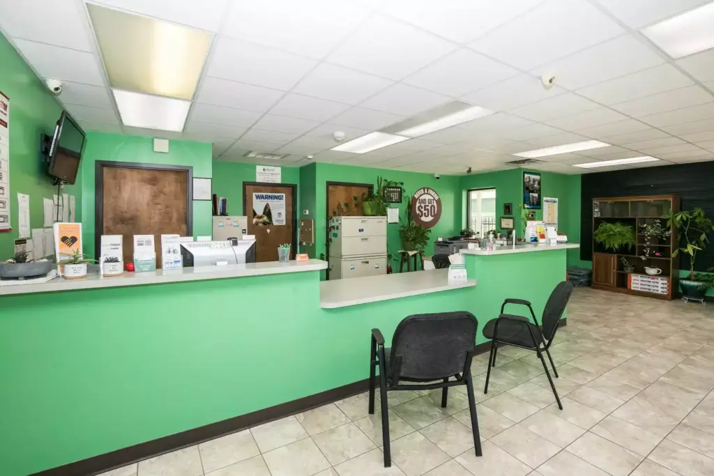 Green lobby of a storage facility