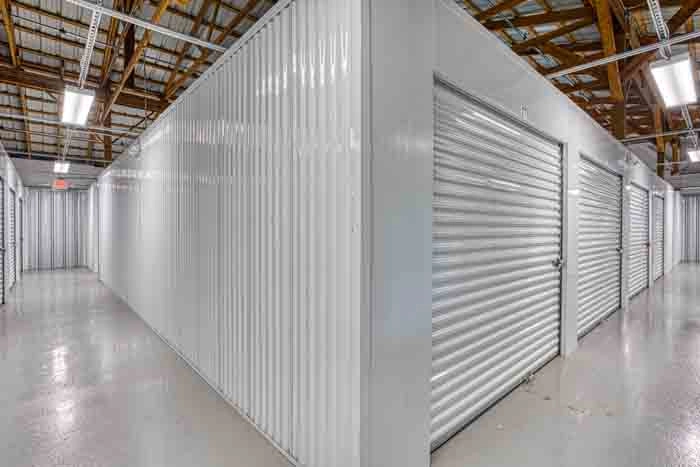 A hallway of interior storage units.
