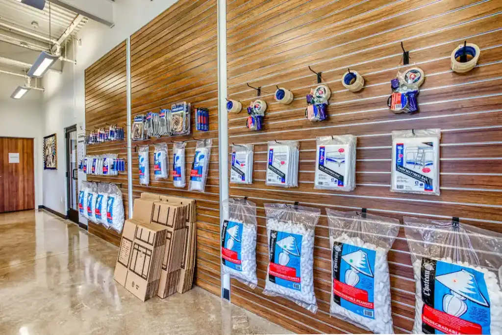 Close up of self storage essentials retail wall display.