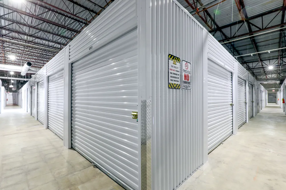 Hallway of indoor storage units.