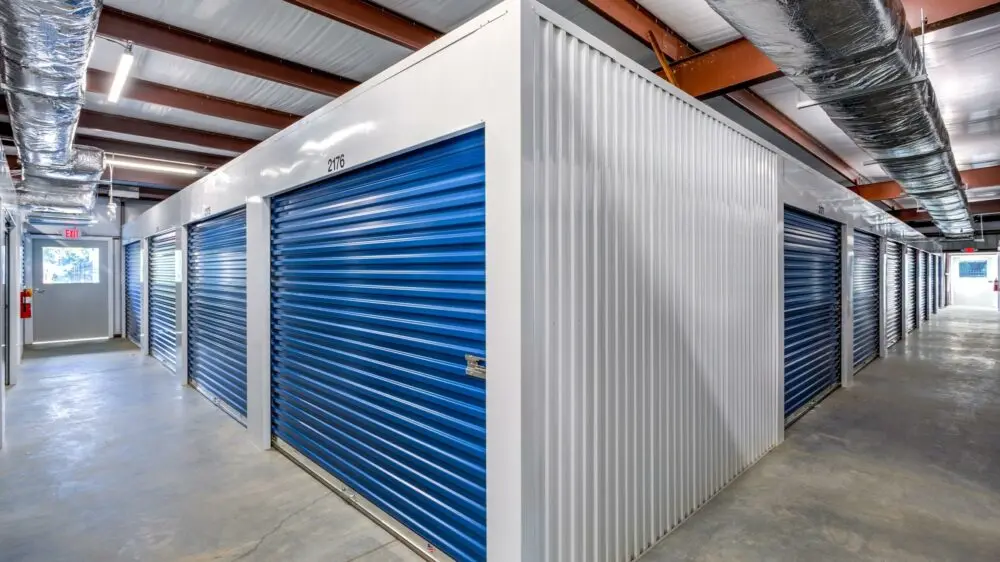 Corner view of rows of indoor storage units.