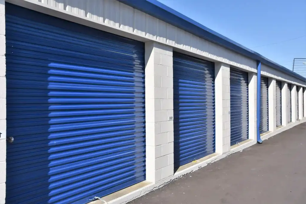 Blue outdoor storage units.