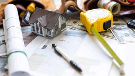 A model house on blueprints with keys to the new home for upcoming spring renovations.