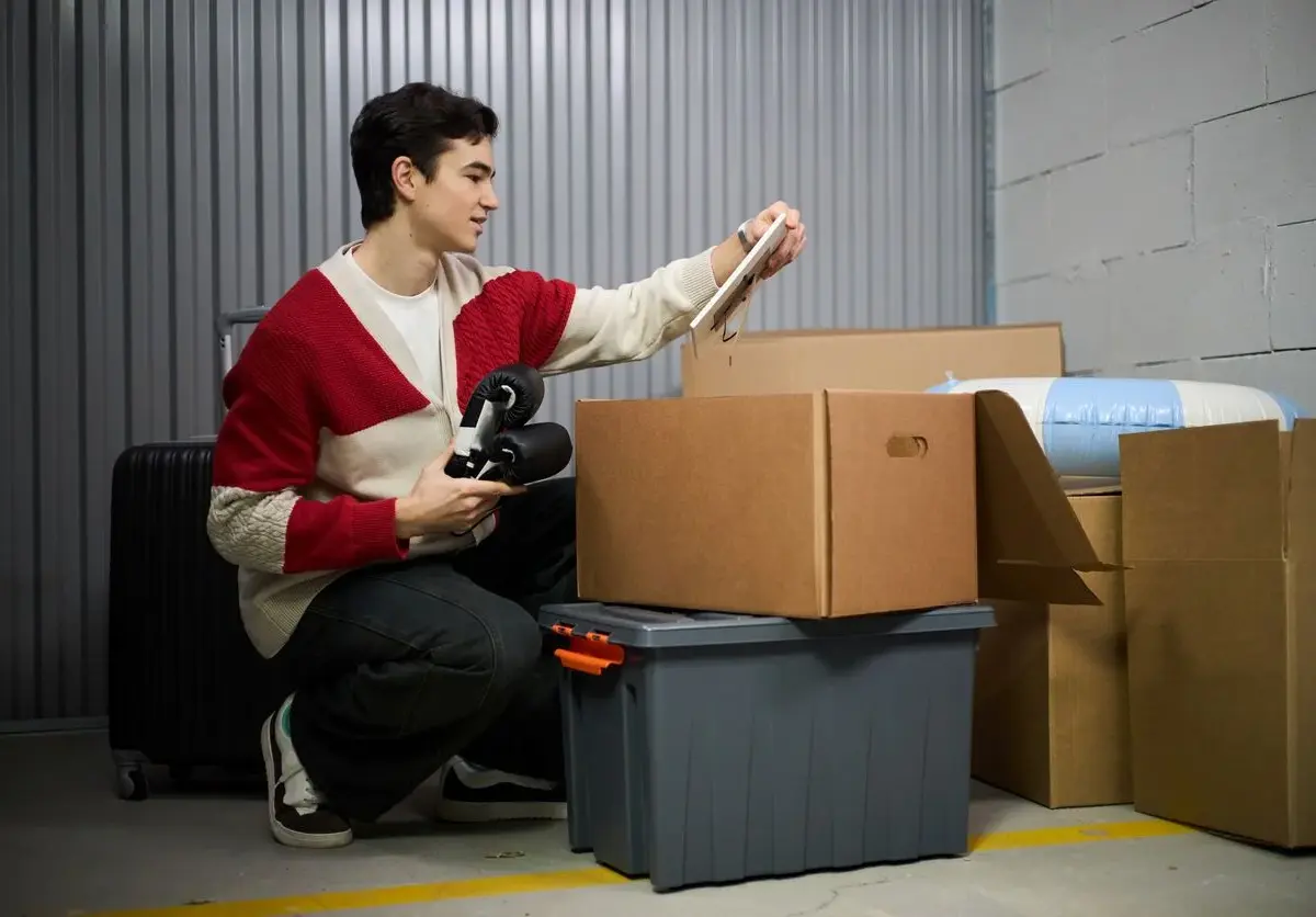 A man packing things into a cardboard moving box.