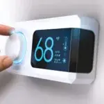 Someone adjusting the temperature on a thermostat.