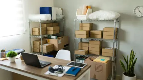 A cluttered office with brown inventory boxes stacked on shelves.