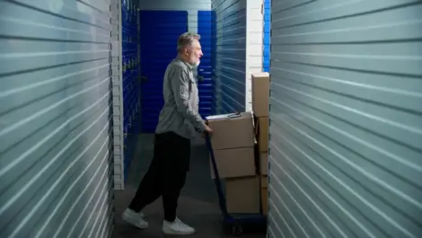 An older man pushing a dolly with moving boxes into a storage unit.