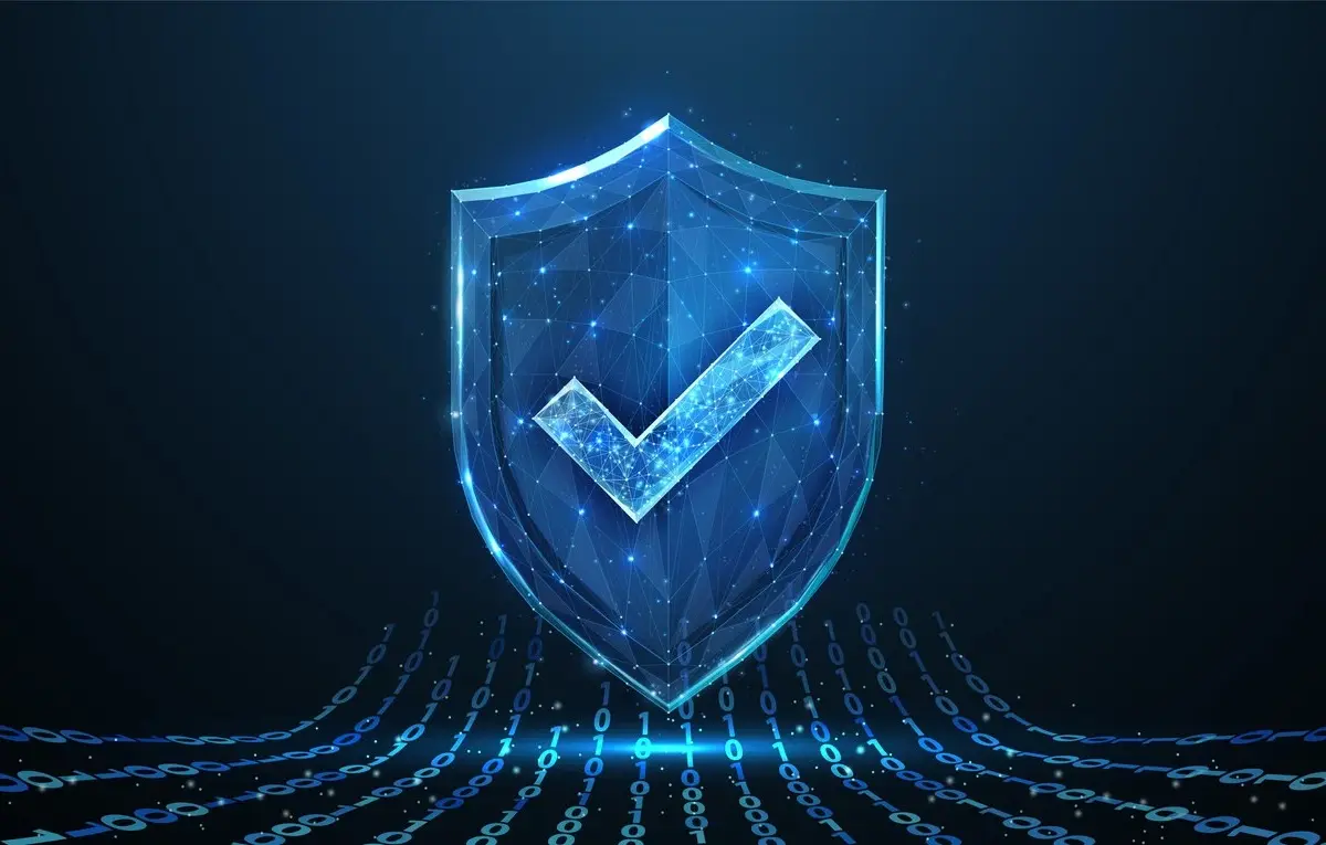 a graphic with digital code shaped into a shield with a check mark in the middle.