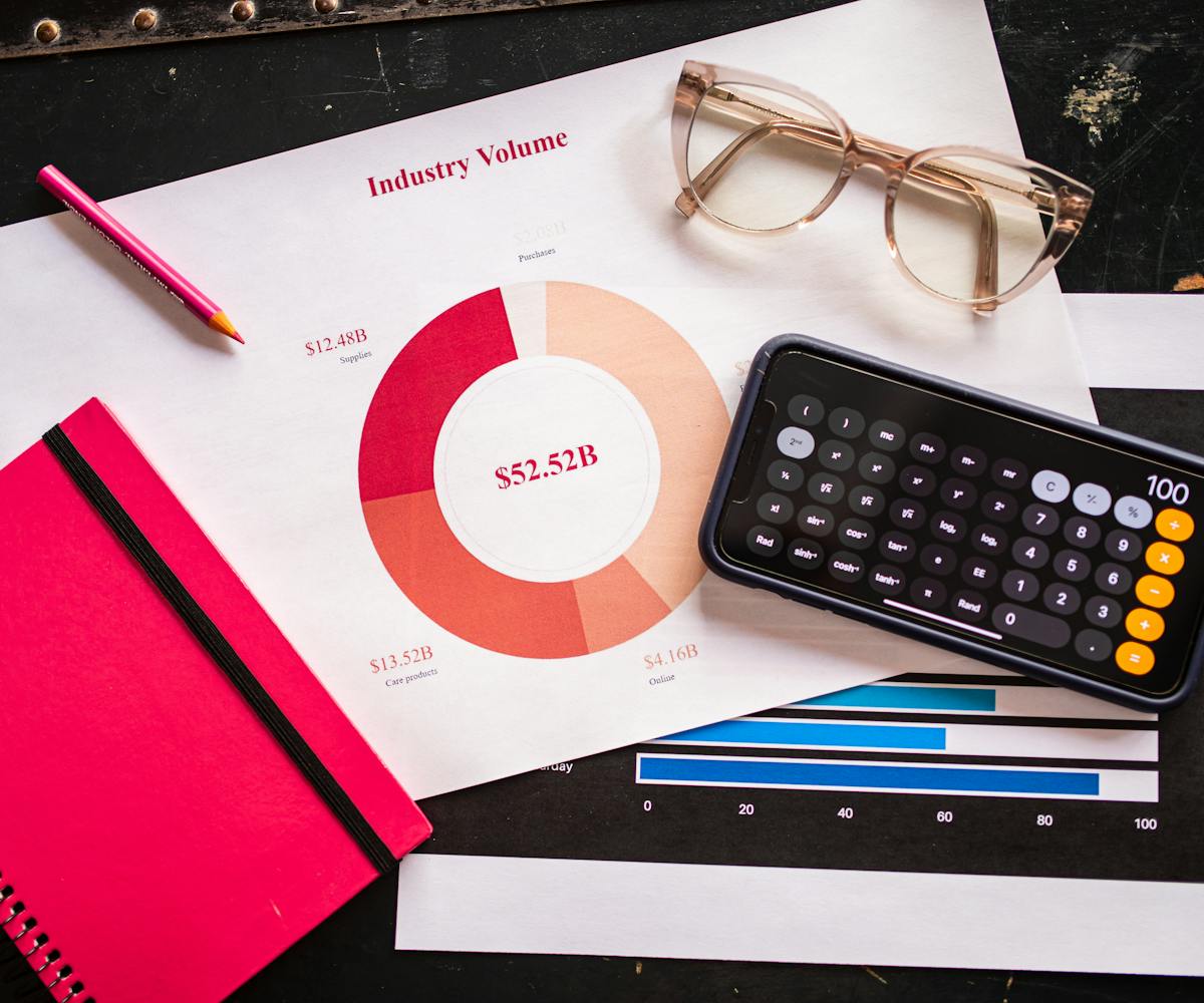 Stock photo of business charts, calculator, and eyeglasses on a desk.